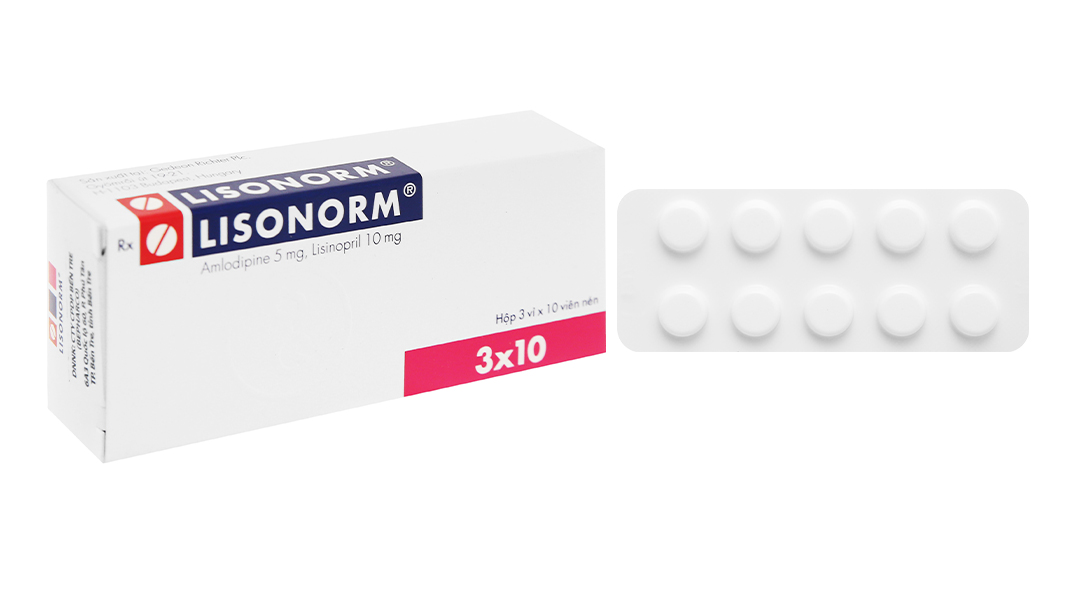 Lisonorm 5mg/10mg (Lisinopril, Amlodipin) - Điều trị tăng huyết áp (hộp 3 vỉ x 10 viên) 1 Lisinopril, Amlodipin
