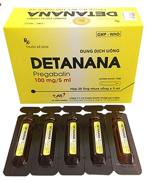 Detanana 100mg/5ml (Pregabalin) An Thiên - Điều trị động kinh cục bộ, rối loạn lo âu lan toả (hộp 20 ống x 5ml) 1 Detanana 100mg/5ml