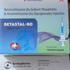 “Hình ảnh hộp thuốc tiêm Betastal-BD chứa Betamethasone Sodium Phosphate và Betamethasone Dipropionate của American Remedies, dùng tiêm bắp IM, hộp 10×10×2ml, kèm thông tin Dược Phẩm Bảo Bảo.”